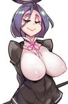  arms_behind_back breasts covered_nipples kantai_collection large_breasts looking_at_viewer mechanical_halo naughty_face purple_hair red_eyes short_hair simple_background smile solo tatsuta_(kantai_collection) underbust white_background zako_(arvinry) 