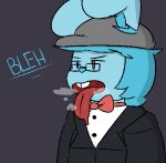 anthro black_tie_(suit) blue_body blue_fur blue_hair bodily_fluids bow_tie breath buckteeth clothed clothed_anthro clothed_male clothing drooling eyewear fur furgonomic_hat furgonomic_headwear furgonomics glasses grey_clothing grey_eyes grey_hat grey_headwear hair hat headgear headwear lagomorph leporid long_ears male mammal open_mouth rabbit red_bow_tie saliva solo suit swankybones teeth text tongue tongue_out wearing_glasses