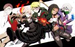  2girls 3boys aerosol agatha_flattz bandana bandana_over_mouth black_hair black_jacket blonde_hair brown_hair burn_scar choker crowbar dark-skinned_female dark_skin dress eyepatch fire fugo_dressel glasses green_eyes grey_eyes grey_hair hair_over_one_eye higyaku_no_noel holding holding_crowbar hood hoodie jacket lauro_maestri long_hair medical_eyepatch multicolored_hair multiple_boys multiple_girls nanoko necktie noel_cerquetti purple_hood red_eyes red_vest scar scar_on_face severed_arm severed_limb short_hair smile spray_can streaked_hair vest yellow_eyes zoe_taska 