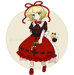  bad_id bad_twitter_id blonde_hair blue_eyes blush bow cross_print flower full_body hair_bow hair_ribbon looking_at_viewer medicine_melancholy minigirl plant ponytail red_footwear ribbon shirt shoes skirt smile socks su-san tori_(otori) touhou twitter_username white_legwear wings 