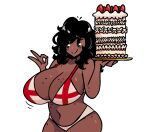  1girl bikini black_hair breasts cake dark-skinned_female dark_skin english_flag_bikini english_flag_print flag_print flag_print_bikini food highres huge_breasts murgoten ok_sign original print_bikini simple_background swimsuit very_dark_skin white_background 