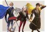  1girl 2boys armor axe belt belt_buckle black_boots black_pants black_shirt blonde_hair blue_belt blue_cape blue_eyes boots bow_(weapon) breasts brown_hair buckle cape chest_belt claude_von_riegan closed_mouth dark-skinned_male dark_skin dimitri_alexandre_blaiddyd edelgard_von_hresvelg fire_emblem fire_emblem:_three_houses floating_cape garreg_mach_monastery_uniform gloves gold_cape greaves green_eyes hair_ribbon highres holding holding_axe holding_bow_(weapon) holding_polearm holding_weapon long_hair long_sleeves looking_at_viewer multiple_boys pants pantyhose parted_hair parted_lips polearm purple_eyes purple_ribbon red_cape red_pantyhose ribbon shadow shirt short_hair side_cape simple_background small_breasts smile standing weapon white_hair wrainbow13 yellow_cape 