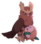  ambiguous_gender avian bird bow_tie brown_feathers duo eyes_closed feathers green_feathers half-closed_eyes nintendo noctowl owl pok&eacute;mon princessharumi red_eyes rowlet simple_background smile video_games watermark white_background 