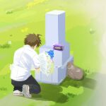  1boy ahoge animal_bag black_pants bouquet brown_hair cat_bag danganronpa_(series) danganronpa_2:_goodbye_despair grass grave handheld_game_console highres hinata_hajime holding holding_bouquet kmnm_1403 pants shirt shoes short_hair short_sleeves solo spoilers tombstone white_shirt 