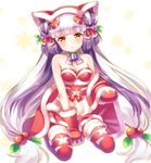  bare_shoulders bell between_legs blush breasts choker cleavage closed_mouth double_bun frown full_body fur_trim hair_bobbles hair_ornament haku_(p&amp;d) hand_between_legs head_tilt holly jingle_bell long_hair looking_at_viewer medium_breasts mittens multicolored_hair puzzle_&amp;_dragons red_legwear santa_costume shouni_(sato3) silver_hair sitting snowflakes solo thighhighs twintails two-tone_hair very_long_hair yellow_eyes 