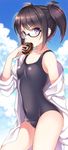  black_hair breasts cloud collarbone covered_navel cowboy_shot day doughnut eating food holding holding_food labcoat off_shoulder one-piece_swimsuit outdoors pop'n_music purple_eyes root@chou_dou-ken school_swimsuit shouni_(sato3) small_breasts solo swimsuit twintails undressing 
