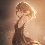  arm_up black_dress blurry bokeh depth_of_field dress hand_in_hair long_hair original sleeveless smile solo sunlight tokumaru 