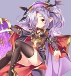  black_legwear boots closed_mouth granblue_fantasy hair_over_one_eye nio_(granblue_fantasy) outstretched_arm pointy_ears purple_background shouni_(sato3) simple_background smile solo star thigh_boots thighhighs yellow_eyes 