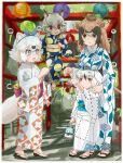  4girls absurdres animal_ears bat_ears bat_girl bat_wings bell bird_girl bird_wings blue_eyes brown_eyes brown_hair cow_ears cow_girl egyptian_rousette_(kemono_friends) extra_ears feathered_wings food grey_hair head_wings highres japanese_clothes jersey_cattle_(kemono_friends) kemono_friends kemono_friends_3 kimono long_hair lucky_beast_(kemono_friends) multiple_girls outdoors owl_girl raccoon_ears raccoon_girl raccoon_tail sandals short_hair snowy_owl_(kemono_friends) tail tanuki_(kemono_friends) toriny white_hair wings yellow_eyes yukata zouri 
