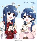  2girls :d alive_factor_(idolmaster) anniversary bare_shoulders clothing_cutout collarbone color_connection commentary_request height highres holding holding_microphone idolmaster idolmaster_million_live! ijigen_fes_idolmaster_love_live!_utagassen kanduki_kamibukuro link!_like!_love_live! love_live! microphone mogami_shizuka multiple_girls murano_sayaka open_mouth plaid_clothes plaid_vest red_vest shoulder_cutout smile sparkle translation_request vest virtual_youtuber 