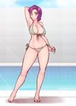  1girl bikini biting_lip breasts cleavage green_eyes hand_behind_head large_breasts looking_at_viewer midriff my_little_pony my_little_pony_friendship_is_magic navel pubic_hair purple_hair scorpdk short_hair spoiled_rich standing swimsuit 