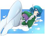  bad_id bad_twitter_id breasts dress green_dress green_hair head_fins japanese_clothes kimono long_sleeves looking_at_viewer lying medium_breasts mermaid monster_girl obi on_back open_mouth ribbon sash short_hair smile solo tori_(otori) touhou twitter_username wakasagihime wide_sleeves 