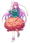  bow bubble_skirt face_mask fox_mask full_body hata_no_kokoro highres long_hair long_sleeves looking_at_viewer mask mirror_(xilu4) pink_hair purple_eyes shirt skirt solo standing standing_on_one_leg tachi-e touhou very_long_hair 