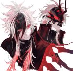  1boy absurdres black_coat black_hair captain_nobu coat eyes_visible_through_hair fate/grand_order fate_(series) hair_over_one_eye highres horned_mask kondou_isami_(fate) kondou_isami_(first_ascension)_(fate) long_sidelocks mask mini_nobu_(fate) multicolored_hair multiple_views oda_nobunaga_(fate) pale_skin red_eyes red_hair sidelocks streaked_hair three-tone_hair white_background white_hair yurumawari zipper 