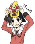  1boy :d arms_up backwards_hat black_hair black_shirt commentary dated ethan_(pokemon) grey_eyes hat highres jacket long_sleeves male_focus on_head open_mouth pokemon pokemon_(creature) pokemon_hgss pokemon_on_head red_jacket shirt short_hair shuckle simple_background smile tan_carbonnn white_background 