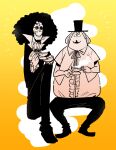  2boys afro ascot beard_stubble blush_stickers brook_(one_piece) commentary_request cup facial_hair full_body greyscale_with_colored_background hat holding holding_cup invisible_chair male_focus multiple_boys one_piece sitting stubble sunglasses tomatop yellow_background 