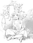  1girl blunt_bangs dress greyscale holding holding_stick indian_style korok long_hair monochrome open_mouth pointy_ears princess_zelda renyuu sitting smile solo_focus stick the_legend_of_zelda the_legend_of_zelda:_breath_of_the_wild the_legend_of_zelda:_skyward_sword the_legend_of_zelda:_tears_of_the_kingdom 