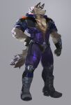  1boy absurdres animal_ears bara black_gloves blue_bodysuit blue_eyes bodysuit broad_shoulders fingerless_gloves frown full_body furry furry_male gauntlets gloves grey_background hand_on_own_hip highres large_pectorals male_focus muscular muscular_male original pectoral_cleavage pectorals saltypoundcake scar scar_on_chest scar_on_stomach science_fiction shin_guards single_gauntlet solo tail thick_arms thick_eyebrows thick_thighs thighs v-taper wolf_boy wolf_ears wolf_tail 