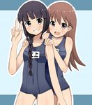  :d braid breasts brown_eyes brown_hair grin kantai_collection kitakami_(kantai_collection) long_hair medium_breasts mizuno_12 multiple_girls name_tag old_school_swimsuit one-piece_swimsuit ooi_(kantai_collection) open_mouth purple_eyes school_swimsuit smile swimsuit v 