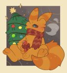  balls blue_eyes christmas christmas_tree dog_phenomenon feral genitals hi_res holidays leader_(dog_phenomenon) male masturbation orange_body penis plant rain_world red_penis scarf slugcat solo tail tree videocult yellow_body 