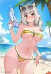  1girl animal_ears beach bikini blue_sky blunt_bangs blush braid breasts brown_eyes collarbone commentary commission cowboy_shot day english_commentary frilled_innertube frills grey_hair hand_up highres holding holding_water_gun indie_virtual_youtuber innertube large_breasts long_hair looking_at_viewer micro_bikini momochan_(vtuber) navel outdoors palm_tree parted_lips second-party_source sky smile solo stealcoffins stomach swim_ring swimsuit tan tanlines tree virtual_youtuber water_gun ych_commission yellow_bikini 
