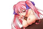  1boy 1girl areolae breasts censored fellatio hair_ornament hetero huge_breasts licking long_hair long_twintails nipples nude original paizuri penis pink_eyes pink_hair red_eyes red_hair sagging_breasts simple_background solo_focus tohoho_(hoshinoyami) tongue tongue_out twintails veiny_penis white_background 