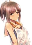  blush breasts brown_eyes brown_hair hair_ornament i-401_(kantai_collection) kantai_collection long_hair looking_at_viewer ponytail sailor_collar school_swimsuit short_ponytail simple_background small_breasts solo swimsuit swimsuit_under_clothes tai_(nazutai) tan upper_body wet wet_clothes 