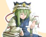 asymmetrical_hair book can closed_eyes energy_drink green_hair hat kitsune_maru leaning_on_object long_sleeves monster_energy open_mouth puffy_long_sleeves puffy_sleeves shiki_eiki sitting solo touhou 