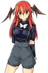  alternate_costume arms_behind_back bangs black_legwear black_sweater blue_shorts blush bow bowtie breasts cowboy_shot demon_wings hair_between_eyes head_tilt head_wings koakuma large_breasts long_hair looking_at_viewer pointy_ears red_eyes ribbed_sweater ryuuno_stadtfeld shiny shiny_clothes shiny_hair shirt shorts sidelocks signature simple_background smile solo suspenders sweater taut_clothes thighs touhou turtleneck white_background white_bow white_neckwear wings 