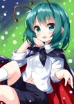  1girl antennae black_cloak black_shorts blue_background blush breasts buttons cloak collared_shirt commentary_request green_background green_eyes green_hair hair_between_eyes hands_up highres long_sleeves looking_at_viewer medium_breasts one-hour_drawing_challenge open_mouth pointing red_cloak ruu_(tksymkw) shirt short_hair shorts smile socks solo touhou white_shirt white_socks wriggle_nightbug 
