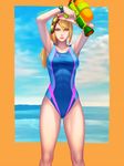  abs armpits arms_up beach bellhenge blonde_hair blue_eyes goggles highres looking_at_viewer md5_mismatch metroid mole mole_under_mouth nail_polish ocean one-piece_swimsuit ponytail resized samus_aran solo splatoon_(series) splatoon_1 super_smash_bros. swimsuit thigh_gap toned upscaled watch water_gun wristwatch 