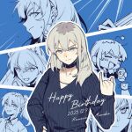  1girl =_= beer_can black_choker black_sweater can cat character_name chinese_commentary choker commentary_request dated drink_can ear_piercing fang girls_band_cry girls_band_cry_rpg grey_hair hand_on_own_hip happy_birthday holding holding_can kawaragi_momoka long_hair multicolored_hair open_mouth piercing pinky_out roots_(hair) sweatdrop sweater white_background xunyu_(manyu) 