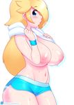  1girl 3mangos areolae artist_name blonde_hair blue_eyes blush breasts curvy heavy_breathing huge_breasts inverted_nipples large_breasts long_hair looking_at_viewer navel nipples rosetta_(mario) shiny_skin solo super_mario_bros. super_mario_galaxy sweat topless towel web_address white_background wide_hips 