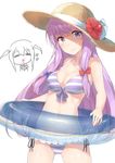  absurdres bikini blush chibi chibi_inset emushake flower hair_ribbon hat hat_flower hat_ribbon highres innertube koakuma long_hair looking_at_viewer midriff navel patchouli_knowledge purple_eyes purple_hair ribbon see-through simple_background straw_hat striped striped_bikini sweat swimsuit touhou tress_ribbon white_background 