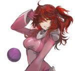  1girl absurdres ahoge bad_haro bodysuit breasts commentary_request covered_navel fang freckles gundam gundam_00 hachi0047 highres long_hair looking_at_viewer mecha_pilot_suit nena_trinity normal_suit_(gundam) open_mouth pink_bodysuit red_hair simple_background skin_fang two_side_up w white_background yellow_eyes 