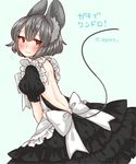  animal_ears apron back backless_dress backless_outfit bad_id bad_twitter_id black_dress blush dress egret frills grey_hair highres maid maid_apron mouse mouse_ears mouse_tail nazrin puffy_short_sleeves puffy_sleeves red_eyes short_sleeves simple_background solo tail touhou 