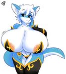  big_breasts breasts clothed clothing dragon elbow_gloves female gammanaut gloves hair huge_breasts legwear nipple_slip nipples pose scalie short_hair skimpy solo thigh_highs voluptuous white_hair wide_hips 