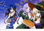  2girls absurdres anna_clement black_cat blonde_hair blue_eyes blue_hair braid breasts candy cat cleavage code_geass code_geass:_boukoku_no_akito eating food green_eyes halloween hands_together hat highres hyuuga_akito jelly_bean leila_(code_geass) long_hair medium_breasts multiple_girls open_mouth pie purple_hair smile strapless uniform witch_hat 