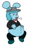 anthro belly big_belly black_tie_(suit) blue_body blue_fur blue_hair bodily_fluids bow_tie breath buckteeth clothed clothed_anthro clothed_male clothing fur furgonomic_hat furgonomic_headwear furgonomics grey_clothing grey_eyes grey_hat grey_headwear hair hat headgear headwear lagomorph leporid long_ears male mammal narrowed_eyes open_mouth pregnant pregnant_male rabbit red_bow_tie simple_background solo suit swankybones sweat teeth white_background