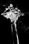  1boy absurdres afro ascot brook_(one_piece) commentary greyscale highres holding holding_instrument holding_violin instrument male_focus monochrome one_piece open_mouth puffingseas skeleton solo symbol-only_commentary violin 