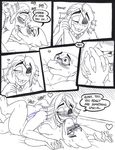  alphys anthro blush breasts claws collar comic dialogue dildo duo ear_fins english_text eye_patch eyewear fangs female female/female fin fish glasses hand_holding hand_on_head hi_res kissing lizard lying marine missionary_position monochrome on_back penetration reptile romantic scalie sex sex_toy strapon sweat text tongue undertaild undertale undyne video_games 
