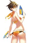  armlet ass back bandeau beads bikini bracelet breasts brown_eyes brown_hair cowboy_shot dripping dual_wielding glowing goggles hair_between_eyes holding jewelry kamome_yuu looking_at_viewer looking_back orange_bikini overwatch parted_lips shade short_hair side-tie_bikini simple_background small_breasts solo swimsuit tracer_(overwatch) trigger_discipline water water_gun wet wet_hair white_background 