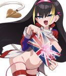  1girl absurdres black_hair blonde_hair blue_eyes breasts clothes_lift english_commentary fang hairband highres irokohaku jacket large_breasts lessar long_hair looking_at_viewer mechanical_tail mixed-language_commentary multicolored_hair multicolored_jacket naughty_face nipples open_mouth pink_hairband shirt_lift side-print_panties skin_fang smile solo striped_clothes striped_thighhighs tail thighhighs toaru_majutsu_no_index very_long_hair 