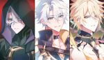  3boys alternate_form armor belt black_background black_belt black_bodysuit black_cape black_choker blonde_hair blue_eyes blush bodysuit broken_skin cape choker closed_mouth collarbone commentary crossed_bangs empty_eyes eyes_visible_through_hair flame_reaver_of_the_deepest_dark grey_hair hair_between_eyes halo halo_behind_head highres honkai:_star_rail honkai_(series) hood hooded_cape jacket looking_at_viewer male_focus multiple_boys multiple_persona official_alternate_costume official_alternate_eye_color official_alternate_hair_color orange_eyes papi_sore phainon_(honkai:_star_rail) phainon_(khaslana)_(honkai:_star_rail) red_background short_hair shoulder_armor shoulder_spikes simple_background smile spikes symbol-only_commentary teeth upper_body v-shaped_eyebrows white_background white_jacket yellow_pupils 