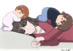  10s 3girls baby brown_hair bukkuri eyes_closed girls_und_panzer long_hair lying mother_and_daughter multiple_girls nishizumi_maho nishizumi_miho nishizumi_shiho on_side orange_hair short_hair siblings sisters sleeping sleeping_on_person sweatdrop white_background younger 