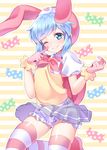  animal_hat backpack bag blue_eyes blue_hair blue_skirt blush bunny_hat closed_mouth gloves hat minit's outline pink_gloves pleated_skirt pointing pointing_at_self pop'n_music puffy_short_sleeves puffy_sleeves short_sleeves shouni_(sato3) skirt smile solo striped striped_background striped_legwear thighhighs wrapped_candy 