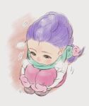  1girl aged_down aqua_scarf braid braided_ponytail brown_eyes child commentary curled_up english_commentary eyelashes from_above gloves highres kpop_demon_hunters oolelele pink_gloves purple_hair rumi_(kpop_demon_hunters) scarf solo 
