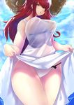  1girl areolae bare_shoulders blue_eyes blush breasts covered_navel curvy erect_nipples grin large_breasts long_hair looking_at_viewer nipples original panties raycat red_hair see-through smile solo standing thick_thighs wide_hips 
