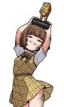  1girl arms_up bare_arms bare_legs blue_eyes bow bowtie brown_bow brown_bowtie brown_hair cowboy_shot dress genderswap genderswap_(mtf) grin half-closed_eyes holding holding_trophy ink_(inksgirls) looking_at_viewer original pepe_the_frog personification pinafore_dress plaid_bow plaid_bowtie plaid_clothes plaid_dress shirt short_hair short_sleeves simple_background sleeveless sleeveless_dress smile solo soot the_streamer_awards theburntpeanut trophy virtual_youtuber white_background white_shirt yellow_dress 