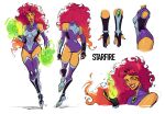  1girl armbinder boots colored_sclera colored_skin dc_comics highres marvel marvel_rivals orange_skin purple_boots purple_tank_top red_hair skcd_loen starfire superhero_costume tamaranean tank_top teen_titans 